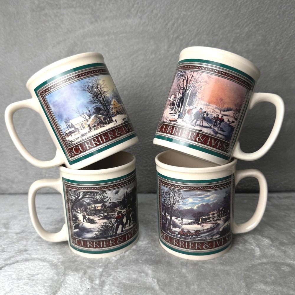 Enesco Currier and Ives Winter Scenes Coffee Mug Set 4 Americana Holiday 1992